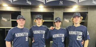 
			
				                                Abington Heights was represented at the second annual Bill Howerton Foundation Baseball and Softball Media Day by its seniors, from left: Jake Lenahan, Mark Nazar, Reece Weinberg and Lincoln Anderson.
                                 Tom Robinson | For Abington Journal

			
		
