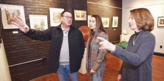 
			
				                                Watercolor artist Frances Kavulich, right, at 82 years of age, began her art career two years ago. She is explaining one of her pieces on display at Art e Fekts Gallery, Pittston, to Marc and Michelle Albolino.
                                 Tony Callaio | For Times Leader

			
		
