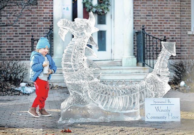 <p>Hudson Harris, 3, from Factoryville, looks at a dragon ice sculpture in front of the Waverly Community House during the Clarks Summit Festival of Ice.</p>
                                 <p>Fred Adams | For Abington Journal</p>