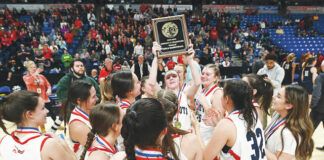 
			
				                                Senior Kallie Booth hoists the District 2 Class 5A championship plaque as Pittston Area defeated Abington Heights at the Mohegan Sun Arena on Saturday night.
                                 Tony Callaio | For Times Leader

			
		